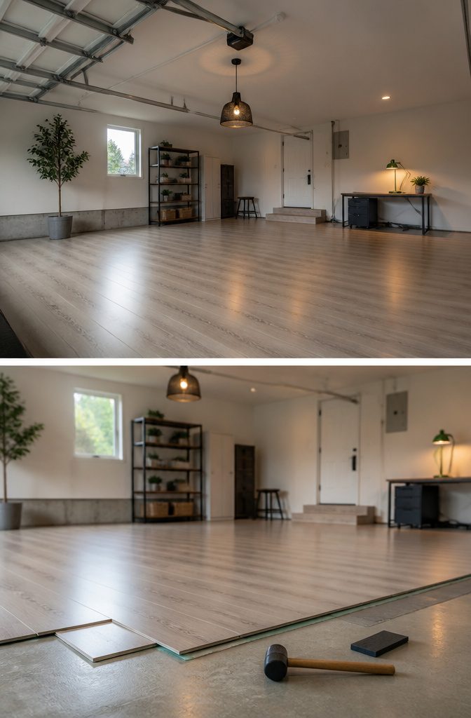 Laminate flooring laid in a garage office space.