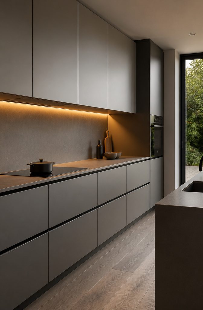 Kitchen showcasing full-panel aluminium cabinets in a soft matte grey.