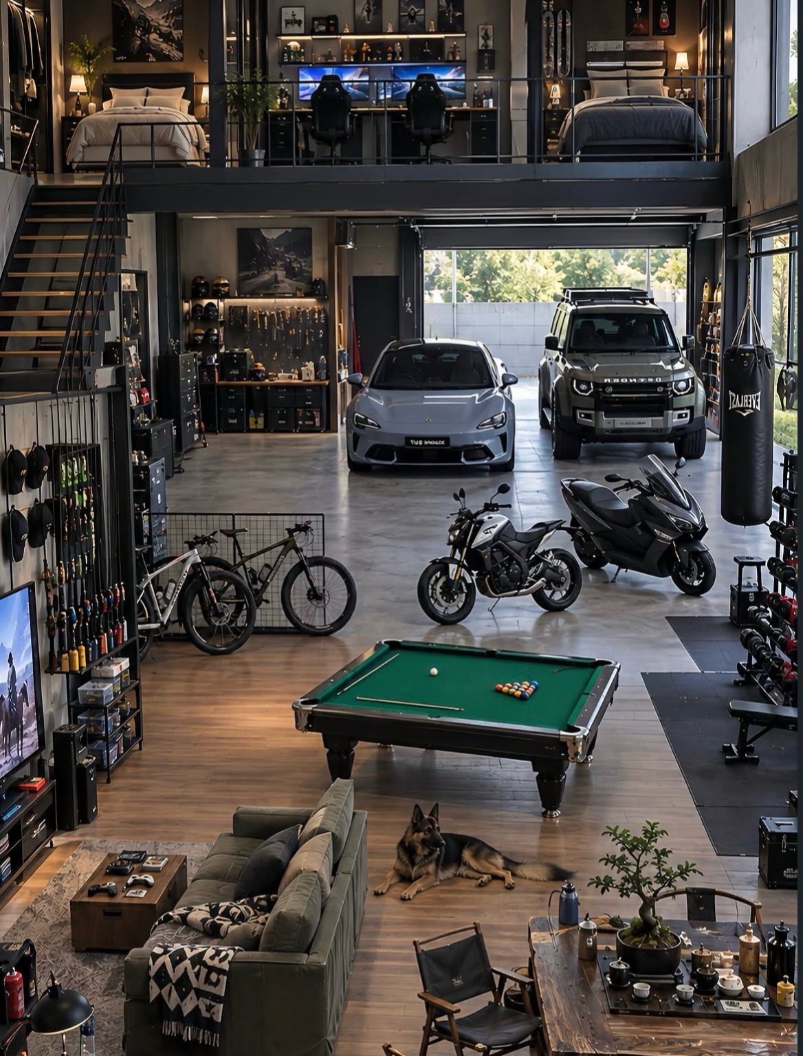 A spacious luxury garage containing a pool table, cars, motorcycles, and a living area with a sofa.