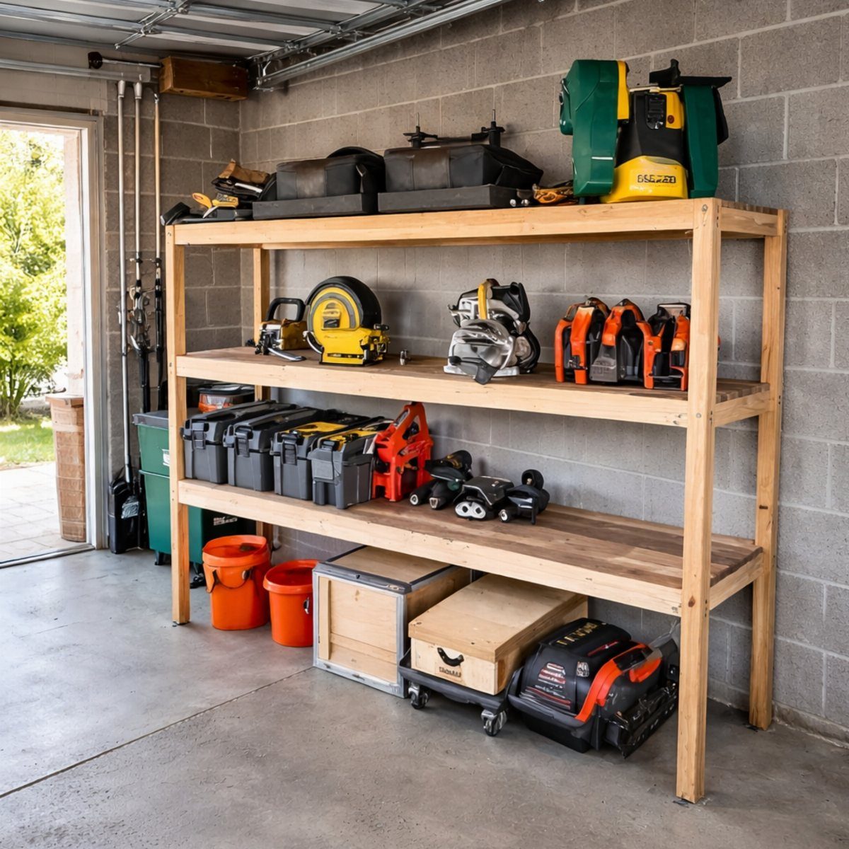 Wooden three-tier shelves holding various power tools and storage bins in a garage setting.