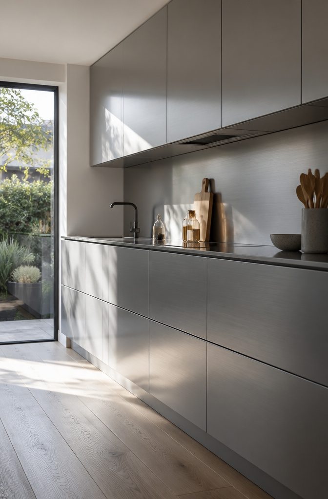 Elegant kitchen with handleless aluminium cabinets in brushed finish.