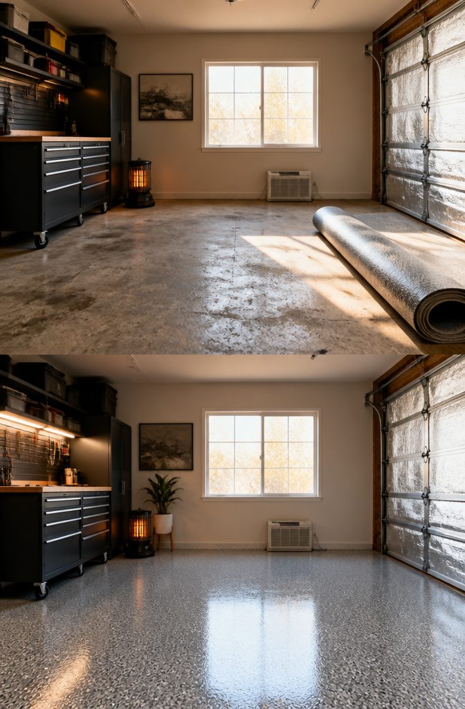 Portable heater and window air conditioning unit in a garage.