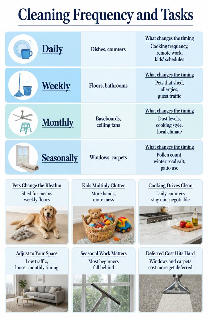 A chart detailing various cleaning tasks and their recommended frequency.