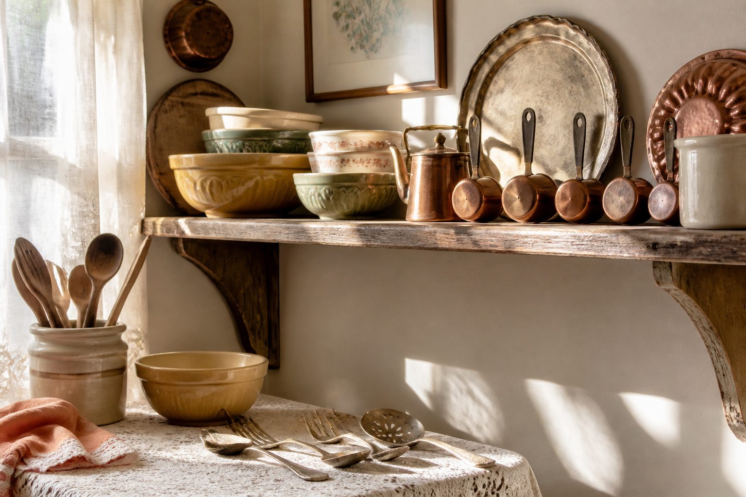 Vintage kitchen utensils arranged on open shelves in a cozy kitchen.