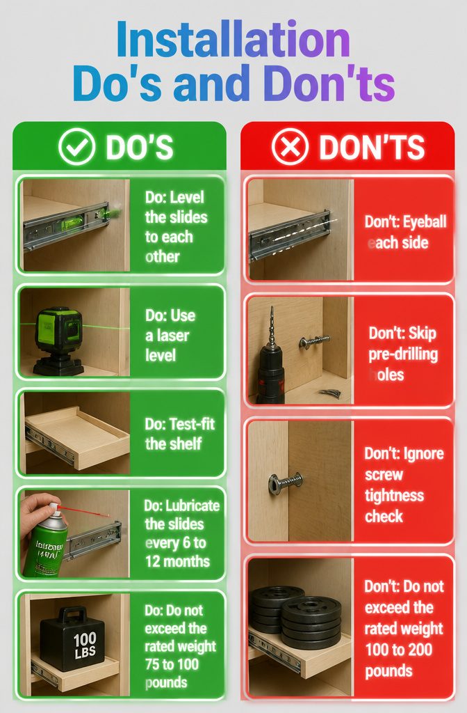 Graphic listing installation do's and don'ts for pull-out shelves.