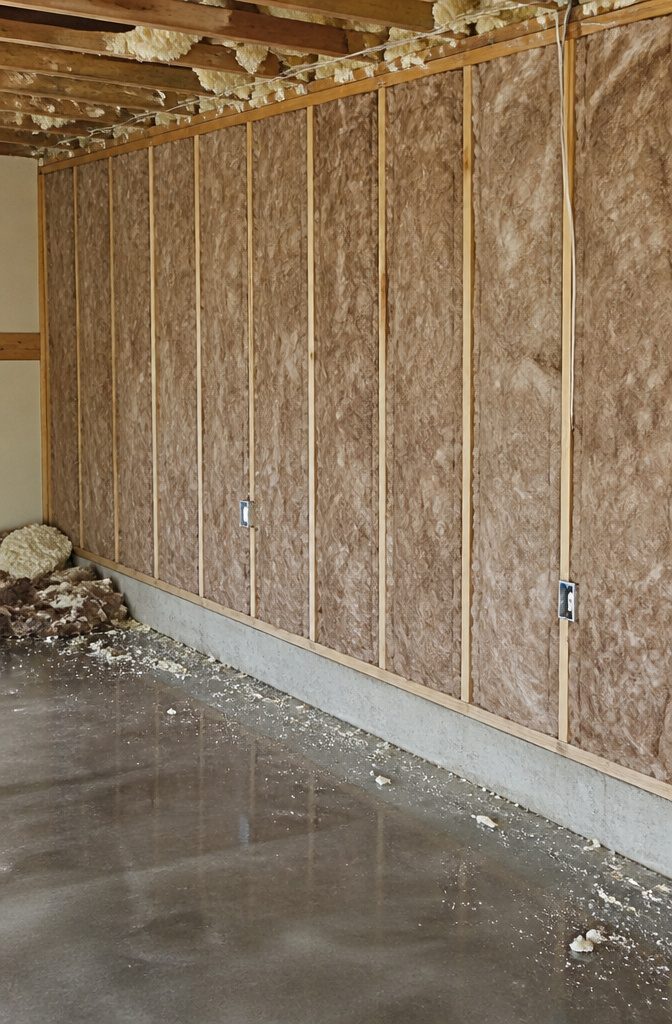 Close-up of batt insulation in a garage wall ready for drywall.