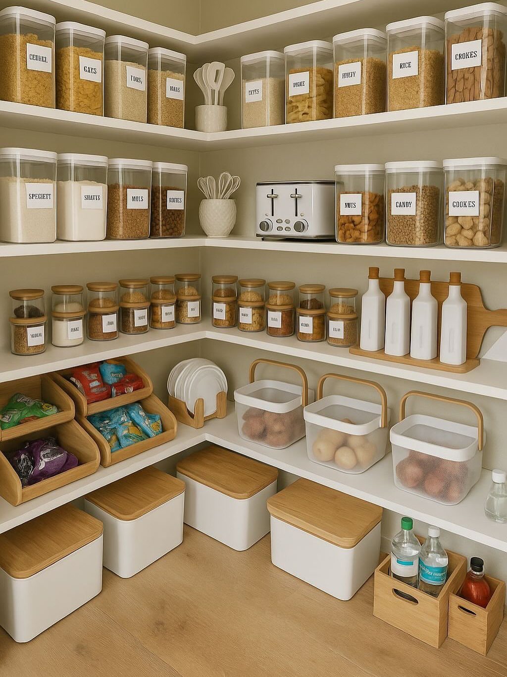 Organized pantry shelves filled with clear containers of dry goods and white storage bins with wooden lids.