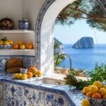 Blue and white tiled outdoor kitchen counter overlooking a Mediterranean sea view with lemons and oranges.
