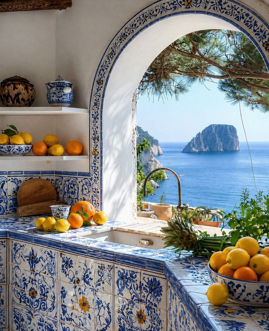 Blue and white tiled outdoor kitchen counter overlooking a Mediterranean sea view with lemons and oranges.