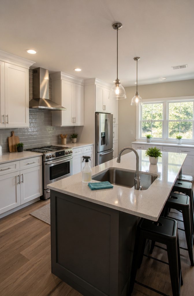 A clean kitchen countertop with a damp cloth and all-purpose cleaner.