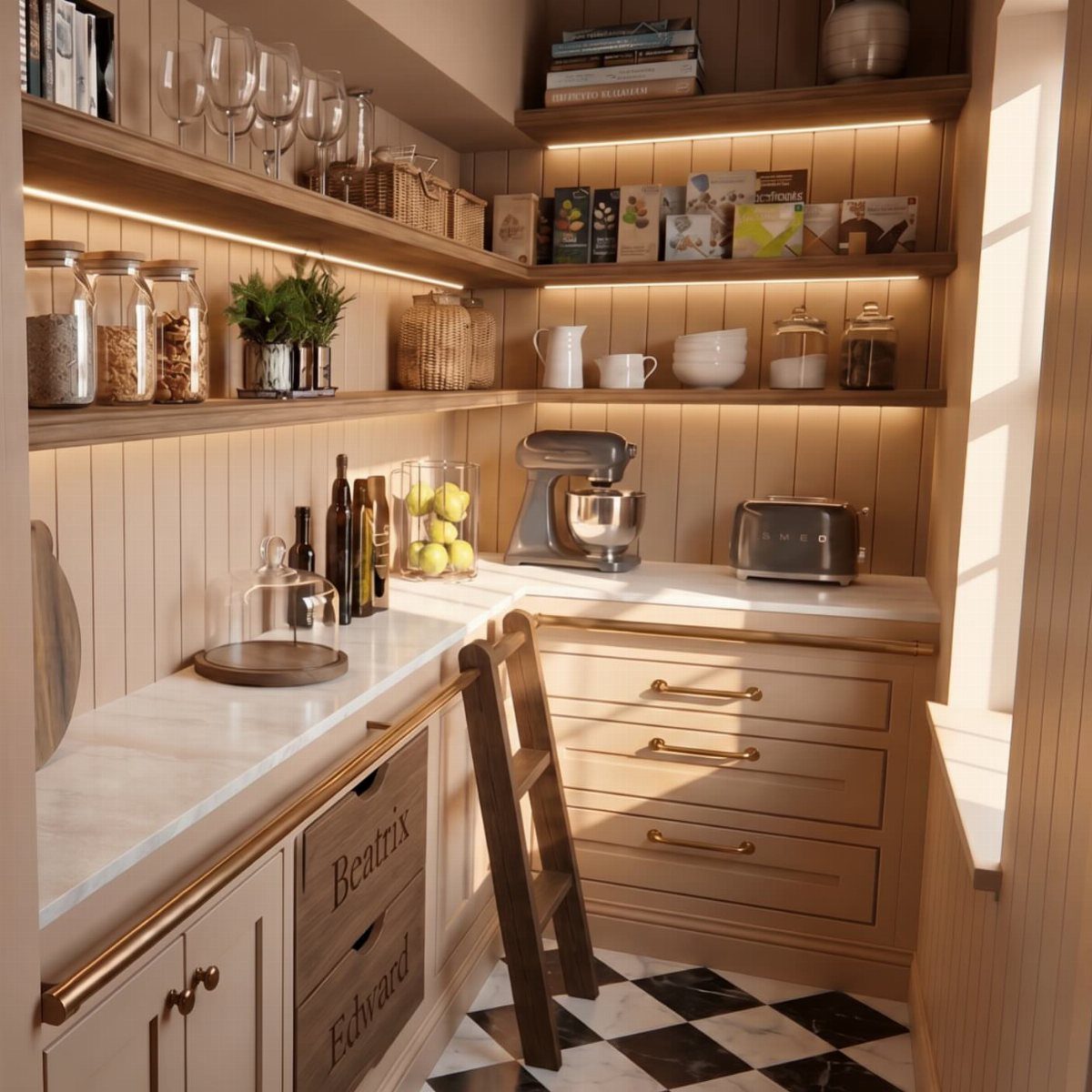 Kitchen pantry with warm LED task lighting under wooden shelves and marble countertops.