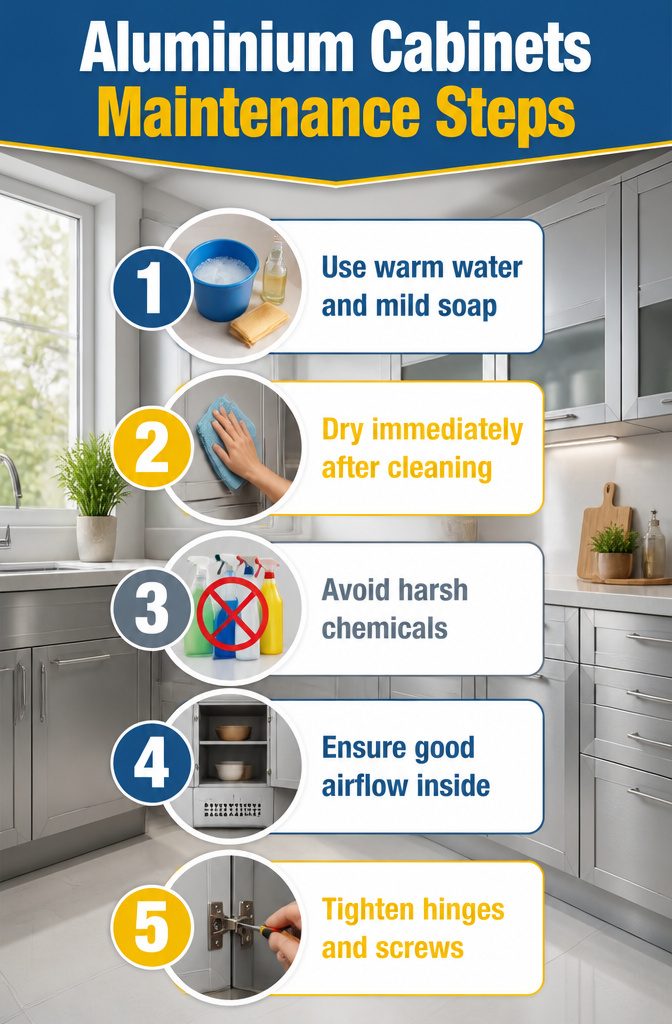 Image showing maintenance steps for aluminium cabinets.