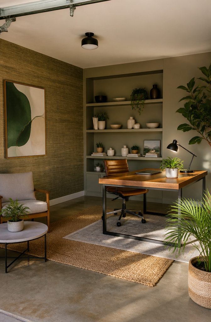 Vibrant garage office with an accent wall and decorative plants.