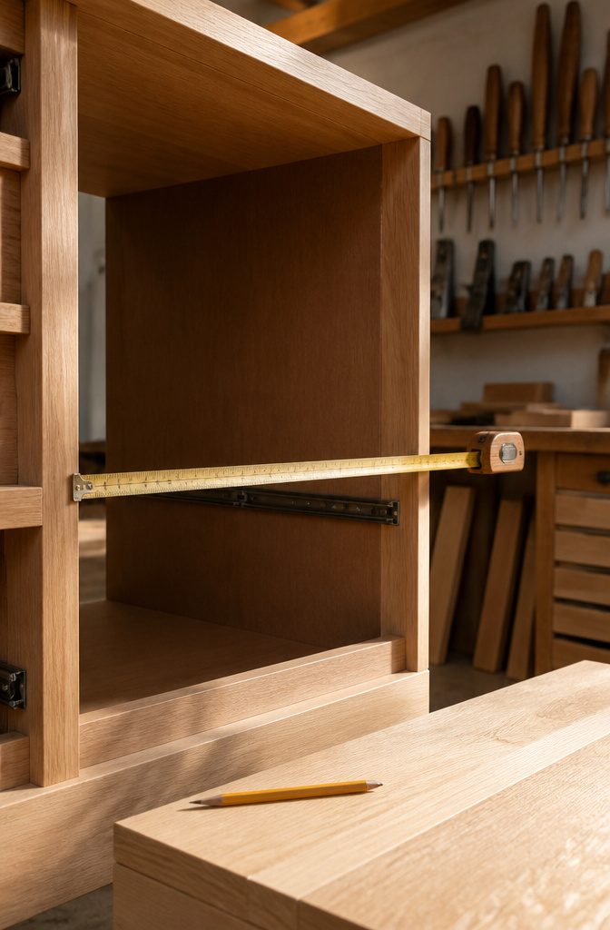 A wooden tape measure across a cabinet frame measuring 21 inches deep.