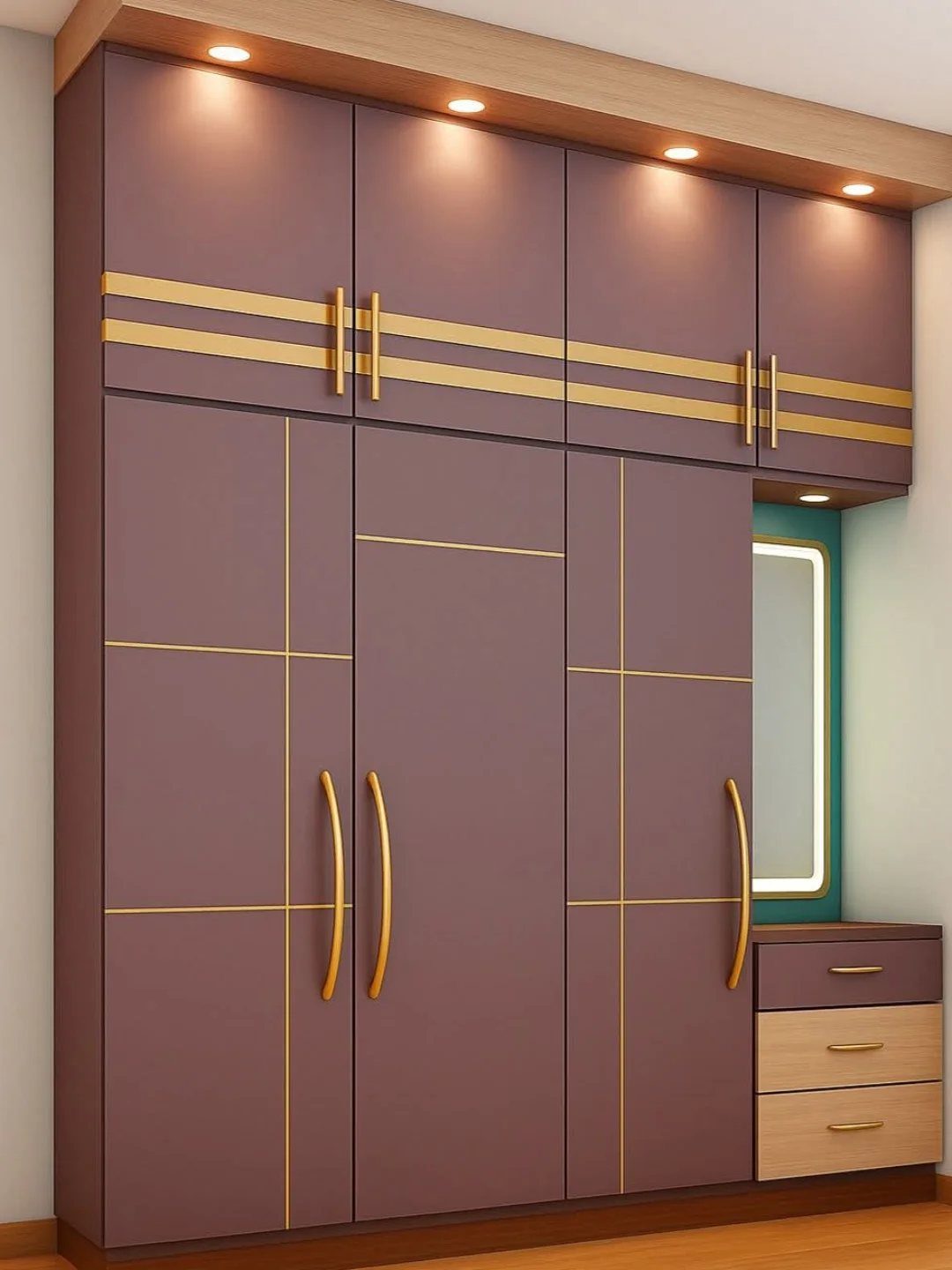 Modern mauve built-in wardrobe with gold inlay lines and curved gold handles under warm spotlights.