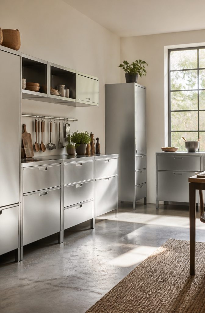 Modern kitchen with modular aluminium systems in a sleek silver finish.