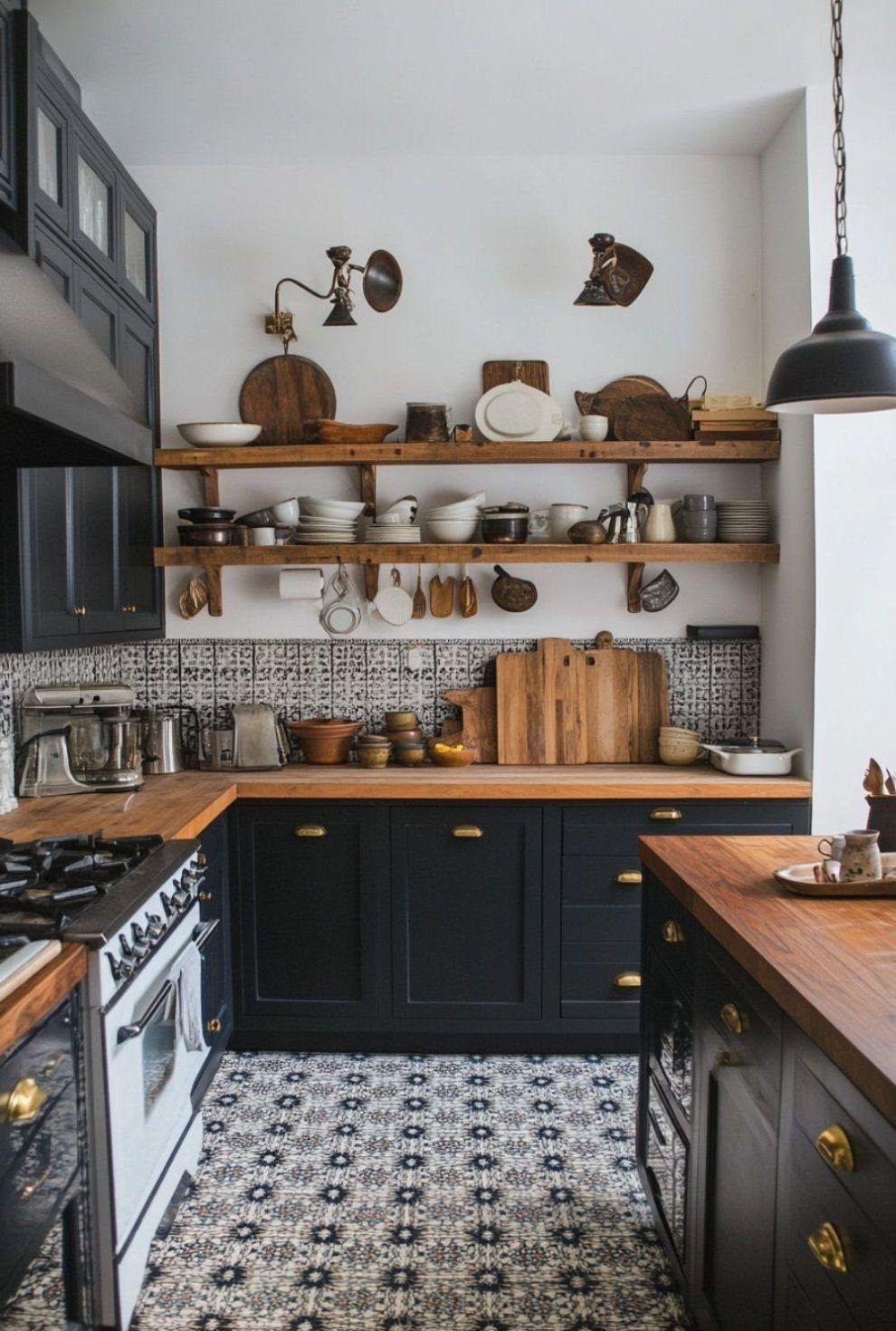 Kitchen with black cabinets, wooden countertops, and patterned cement tile backsplash and flooring.