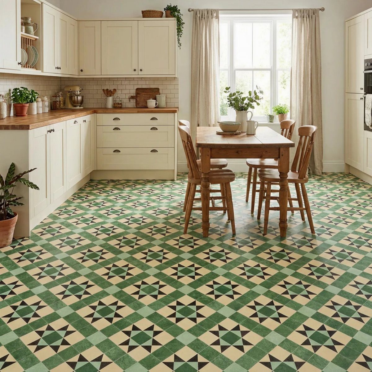 A bright kitchen with cream cabinets, wooden furniture, and green patterned tile flooring.