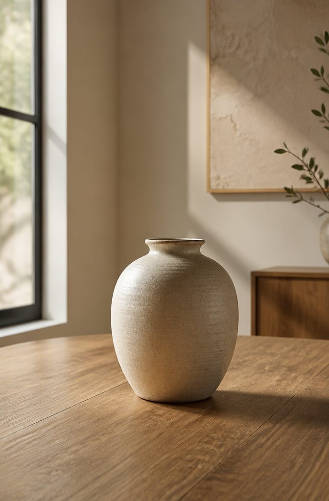 A smooth ceramic vessel placed on an empty surface, emphasizing simplicity.
