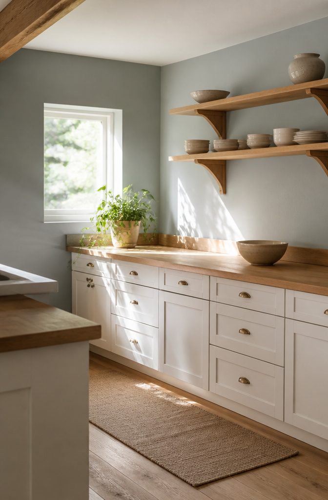 A kitchen with pale cabinets, wood countertop, and matching dishware on open shelves.