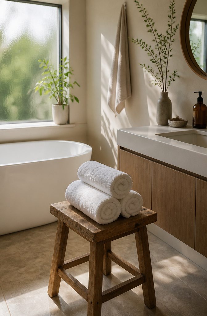 A bathroom with rolled towels on a stool and amber glass bottles on the countertop.