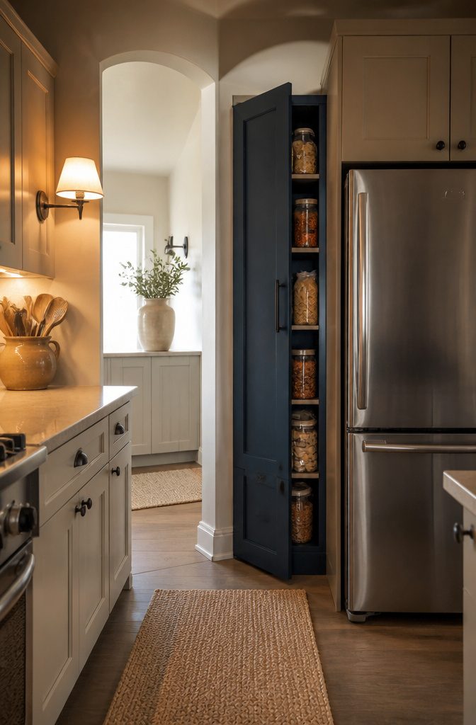 Standalone cabinet pantry positioned next to a refrigerator.