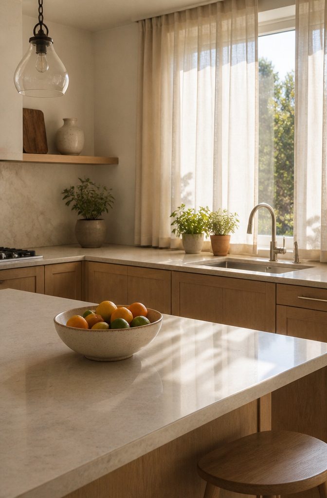 A kitchen with pale countertops and a ceramic bowl of fruits on the island.