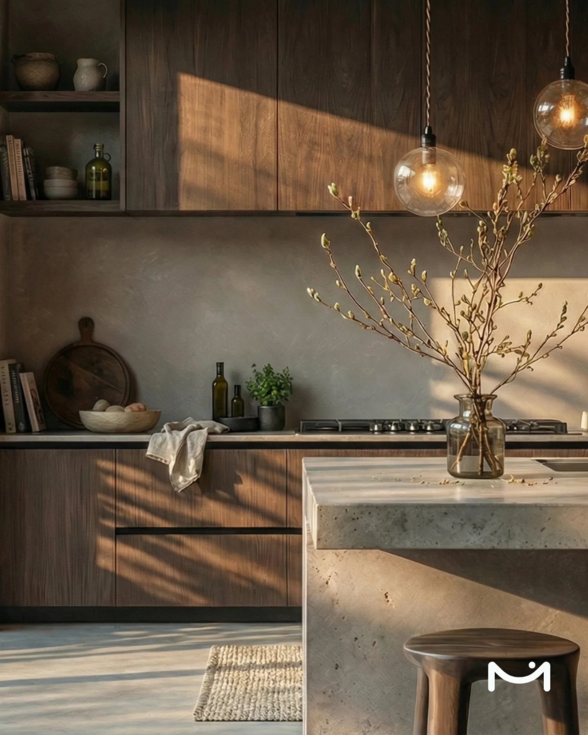 Kitchen interior with dark wood cabinets, a concrete island, and textured Venetian plaster walls in warm sunlight.
