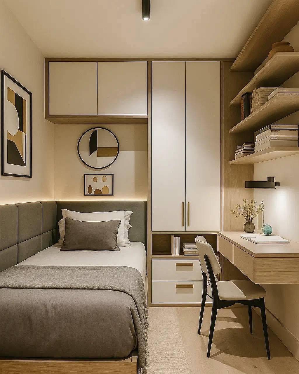 A modern bedroom with a grey bed, white wardrobe, and wooden desk area.