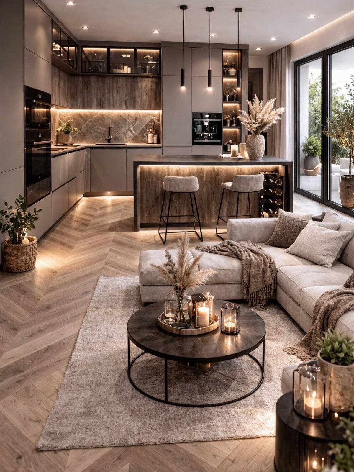 Modern open concept living room and kitchen with warm wood textures and soft lighting.