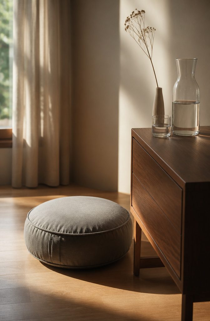 A corner with a meditation cushion and a carafe on a nightstand.