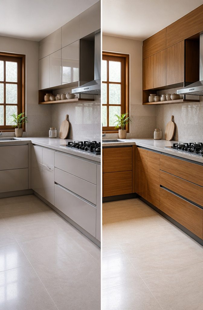 Kitchen with aluminium cabinets featuring a wood grain finish.