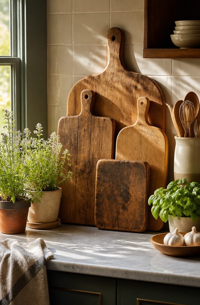 Wooden cutting boards of various sizes leaning against a backsplash.